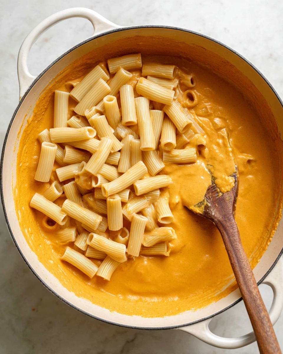 A white pot filled with baked pasta showing a creamy orange sauce coating short tube-shaped pasta. The top layer is covered with melted white cheese, browned slightly in spots, sprinkled with grated cheese and red chili flakes, with a few green herb leaves placed on top. A fork is inserted into the pasta near the bottom right, creating a small gap showing pasta and sauce beneath. The pot is on a white marbled surface with some green leaves nearby. photo taken with an iphone --ar 4:5 --v 7
