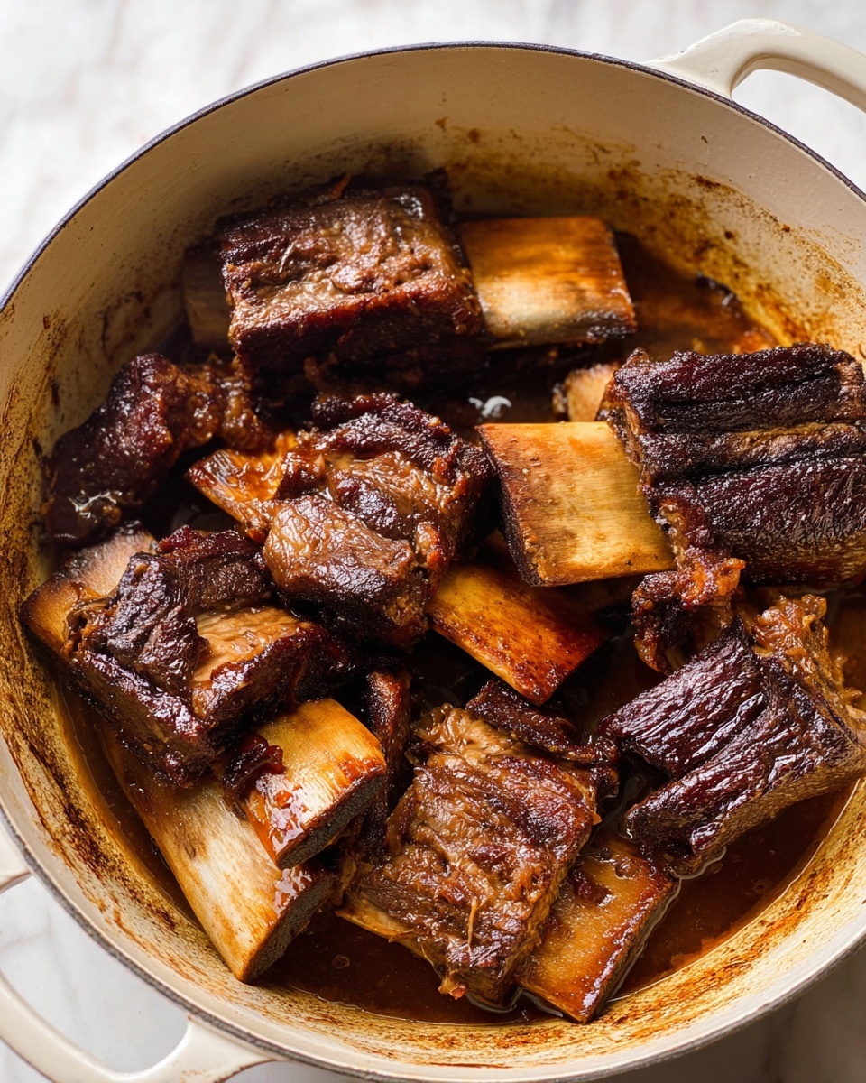 A white round pot filled with large pieces of dark brown cooked beef ribs showing a mix of crispy, charred edges and tender meat holding the light brown bones. The ribs are soaked in a rich, glossy brown sauce that pools at the bottom of the pot. The pot has some browning and sauce stains around the edges, sitting on a white marbled surface. photo taken with an iphone --ar 4:5 --v 7