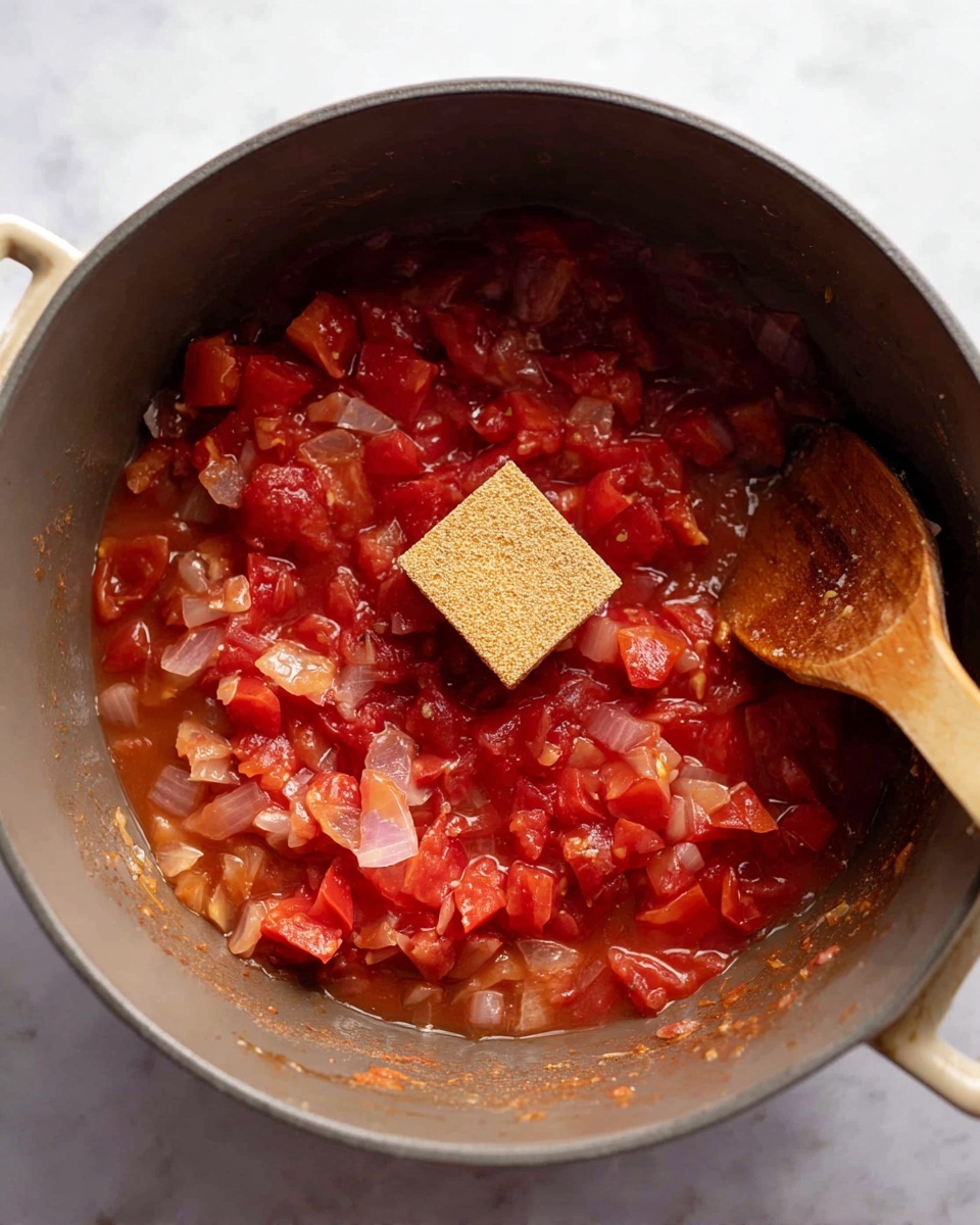 A close-up view inside a gray pot shows a chunky tomato sauce with visible pieces of soft, cooked diced red tomatoes and translucent onions mixed together. In the center, a light brown square bouillon cube is placed on top of the sauce. A wooden spoon with some sauce on it rests inside the pot on the right side. The pot is set on a white marbled surface. photo taken with an iphone --ar 4:5 --v 7