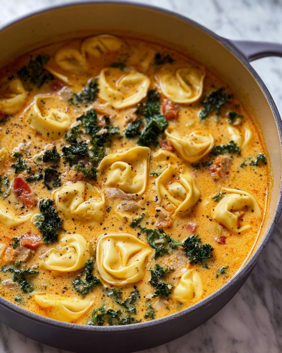 A close-up view of a gray pot filled with a creamy orange broth soup featuring several pale, folded tortellini floating on the surface. Dark greens of kale are scattered evenly throughout the soup, adding contrast to the light pasta and broth. Small pieces of light brown meat and bits of tomatoes appear mixed in, giving texture and variety to the soup. The broth looks smooth with a slight oily sheen and specks of black pepper dotting the surface. The pot sits on a white marbled surface. photo taken with an iphone --ar 4:5 --v 7