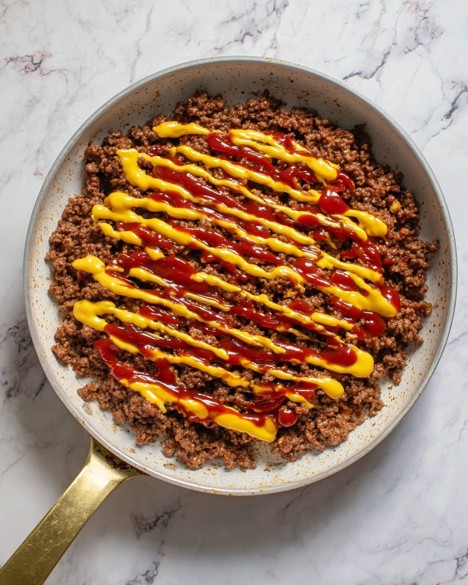 Inside a white pan with a golden handle on a white marbled surface, there is a layer of browned ground meat covering the whole pan bottom. On top of this meat layer, there are thick red ketchup lines spread across the center, dressed with thin, bright yellow mustard drizzle creating a striped pattern. The meat looks textured and crumbly, while the sauces add smooth and glossy contrast. Photo taken with an iphone --ar 4:5 --v 7