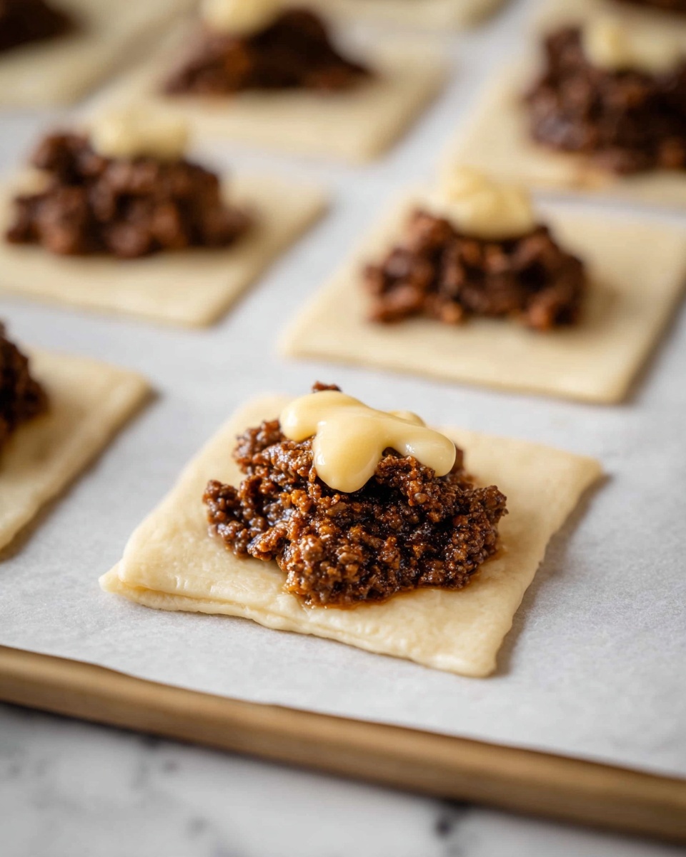 The image shows a close-up of small piles of cooked ground meat mixed with melted cheese, each placed in the center of a square piece of light beige dough. The dough squares are arranged in rows on a baking sheet lined with white parchment paper, placed on a white marbled surface. The meat mixture is dark brown with a rough, crumbly texture and the cheese appears creamy and smooth, slightly drizzled on top of the meat in a light yellow color. In the background, more of the same dough squares with the meat mixture on top are visible but out of focus, creating depth. Photo taken with an iphone --ar 4:5 --v 7