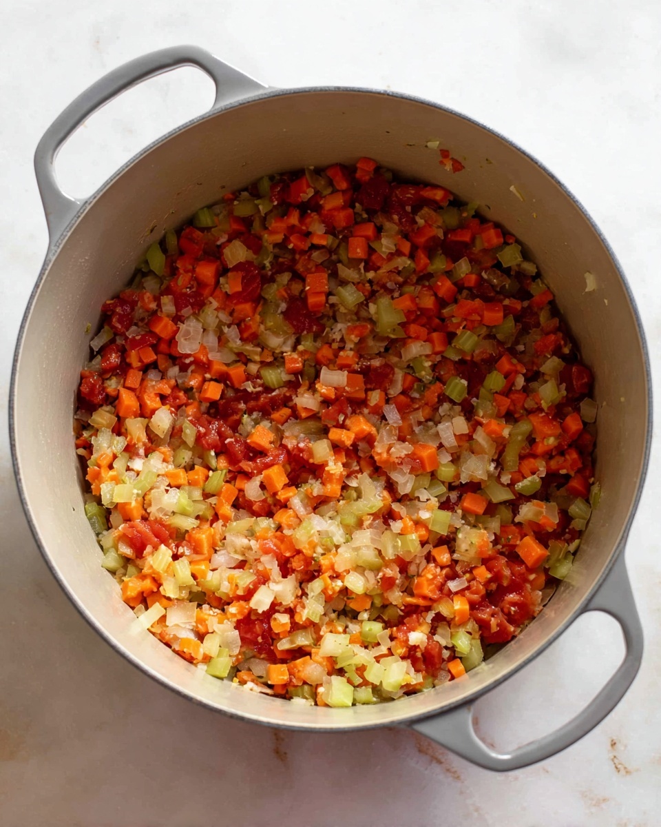 A large light gray pot with two handles, filled with a mixture of finely chopped cooked vegetables. The mixture has three visible layers: small orange carrot pieces scattered throughout, light green celery chunks mixed evenly, and diced translucent white onions alongside bright red tomato chunks. The colors blend with a slightly soft texture, suggesting they are cooked together. The pot is placed on a white marbled surface. photo taken with an iphone --ar 4:5 --v 7