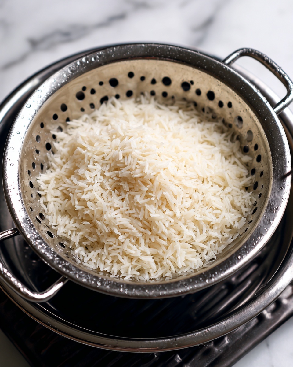 A close-up view of a metal strainer filled with fluffy, long-grain white rice, sitting inside a larger metal colander with multiple small holes. The rice looks soft and slightly separated, with a light, smooth texture. Both the strainer and colander have shiny, silver surfaces with tiny water droplets scattered across them. They are placed on a grill-like black rack over a surface with a white marbled texture in the background. photo taken with an iphone --ar 4:5 --v 7