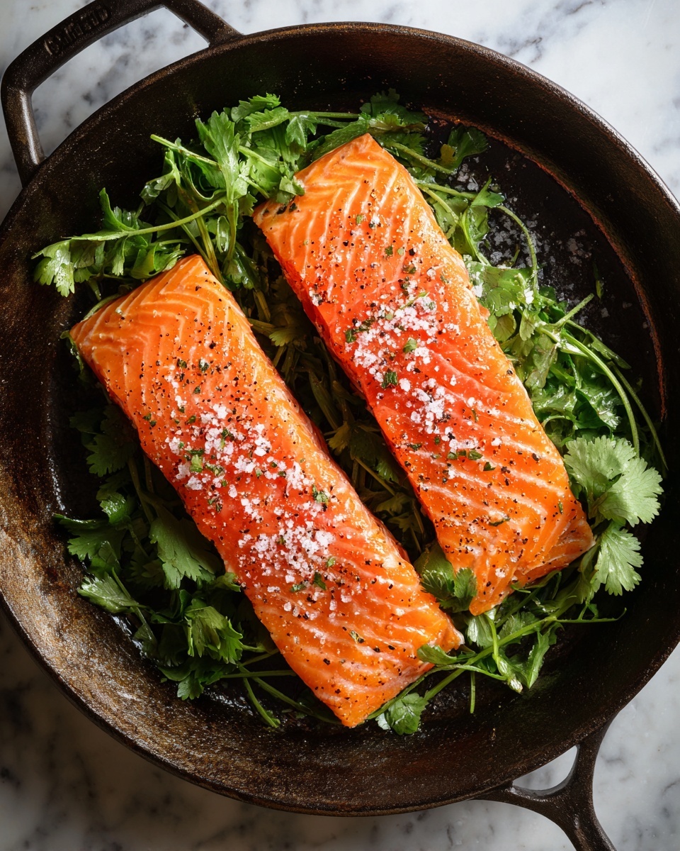 Two thick, bright orange salmon fillets lightly sprinkled with coarse salt and black pepper are placed side by side on a bed of fresh green cilantro leaves. The fillets show fine, natural lines of the fish texture. They rest inside a dark, rustic cast iron pan with a slightly worn surface. The pan is set on a white marbled surface. photo taken with an iphone --ar 4:5 --v 7