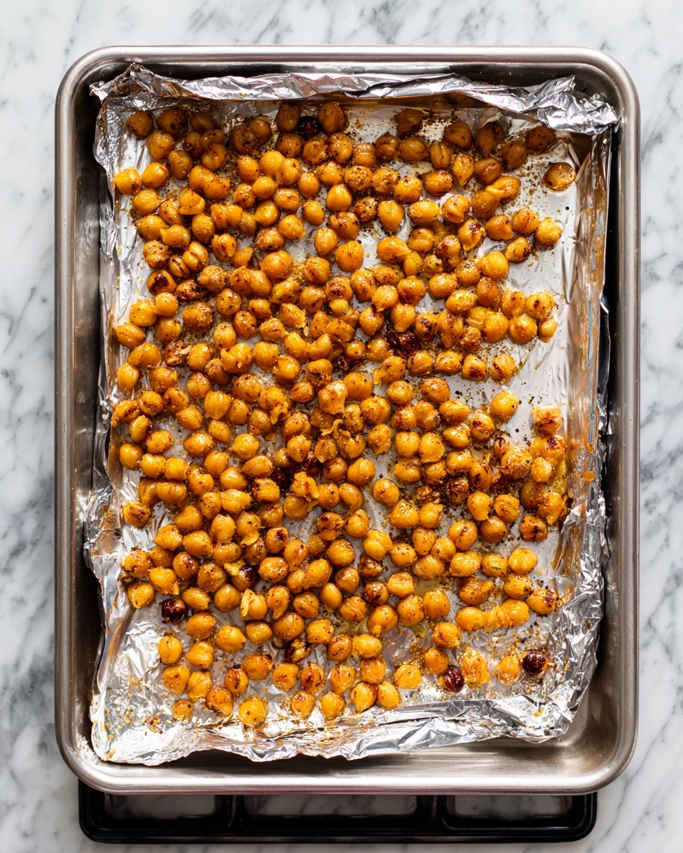 A shiny metal baking pan lined with crinkled aluminum foil holds a single layer of roasted chickpeas spread out evenly. The chickpeas are golden brown with darker spots from roasting, showing a rough texture with some seasoning powder sprinkled around. The pan sits on a stove with black grates visible on the sides, and the surface beneath the pan has been changed to a white marbled texture. photo taken with an iphone --ar 4:5 --v 7