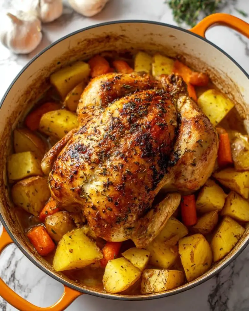 Dutch Oven Roast Chicken with Herbs, Lemon, and Vegetables Recipe