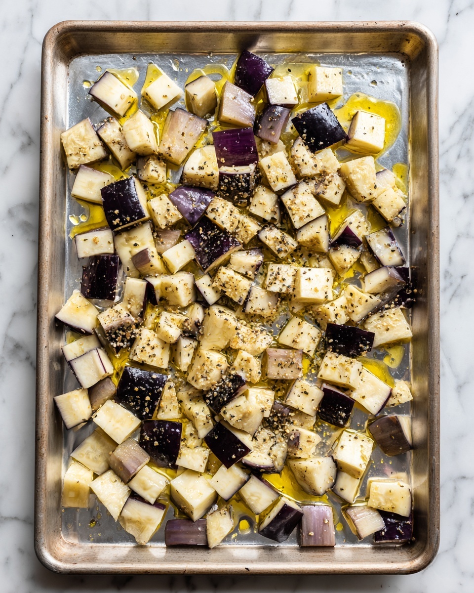 The image shows a metal baking tray lined with shiny aluminum foil on a white marbled surface. The tray is covered with many pieces of chopped eggplant, cut into small cubes and some into larger chunks. The eggplant pieces have a pale cream inside with dark purple skin on some edges. The cubes are drizzled with yellow olive oil and sprinkled with black pepper and seeds. The pieces are spread out evenly across the tray, giving a rough texture and mix of light beige, purple, and yellow colors. Photo taken with an iphone --ar 4:5 --v 7