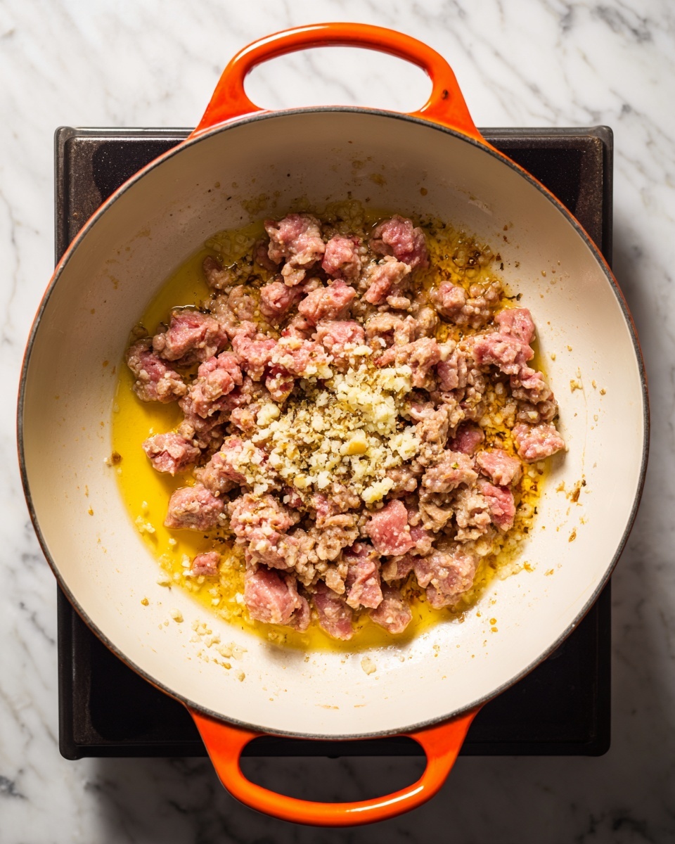 The image shows browned ground meat cooking in a white pan with orange edges on a stove. The meat is broken into small, uneven pieces and is partially cooked with some areas still pink. On top of the meat, finely minced garlic is sprinkled, adding a touch of white color. The meat sits in a layer of melted butter or oil that is golden yellow and shiny, covering the bottom of the pan. Steam rises from the cooking meat, giving a sense of heat and sizzling. The stove beneath has a dark surface, while the pan contrasts with its bright white inside and vibrant orange rim. The background is a white marbled texture. photo taken with an iphone --ar 4:5 --v 7