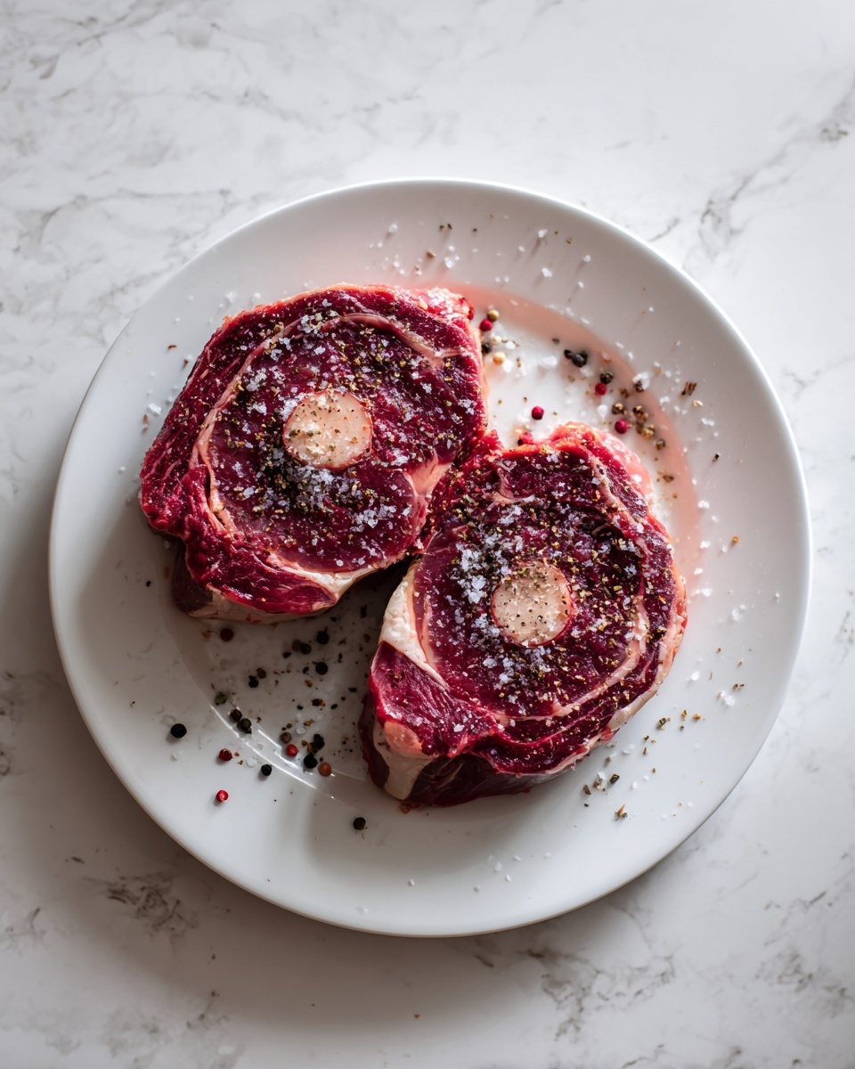 Two thick pieces of raw meat with a round bone in the middle are placed on a white plate. The meat is dark red with some marbled fat and is coated with a layer of coarse salt and ground pepper. Small bits of salt and pepper are scattered around the meat on the plate. The plate is set on a white marbled surface. Photo taken with an iphone --ar 4:5 --v 7