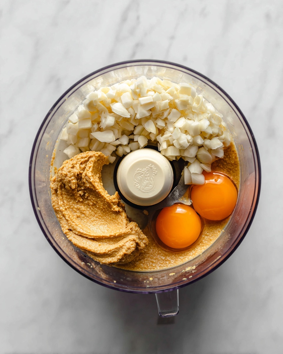 A clear food processor bowl contains four main ingredients arranged around the central blade: a cluster of small white chopped pieces that look like garlic at the top left, a dollop of light brown mustard-colored paste to the left, and two bright orange egg yolks, one whole and one broken, on the right side. The food processor is placed on a white marbled surface. photo taken with an iphone --ar 4:5 --v 7