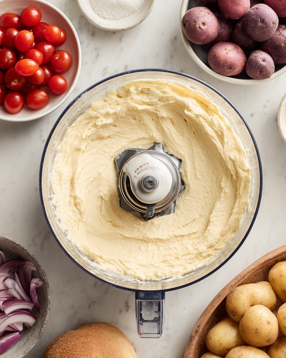 A white bowl filled with a creamy light yellow soup containing whole small potatoes with greenish skin, black mussel shells with bright orange meat inside, and small white chunks of fish, all scattered evenly in the soup. There are also small pieces of red and green herbs sprinkled throughout, adding color contrast. The bowl sits on a white marbled surface with a smaller white plate nearby holding three slices of toasted bread with a golden brown texture. Two white salt and pepper shakers are placed nearby on the surface. Photo taken with an iphone --ar 4:5 --v 7