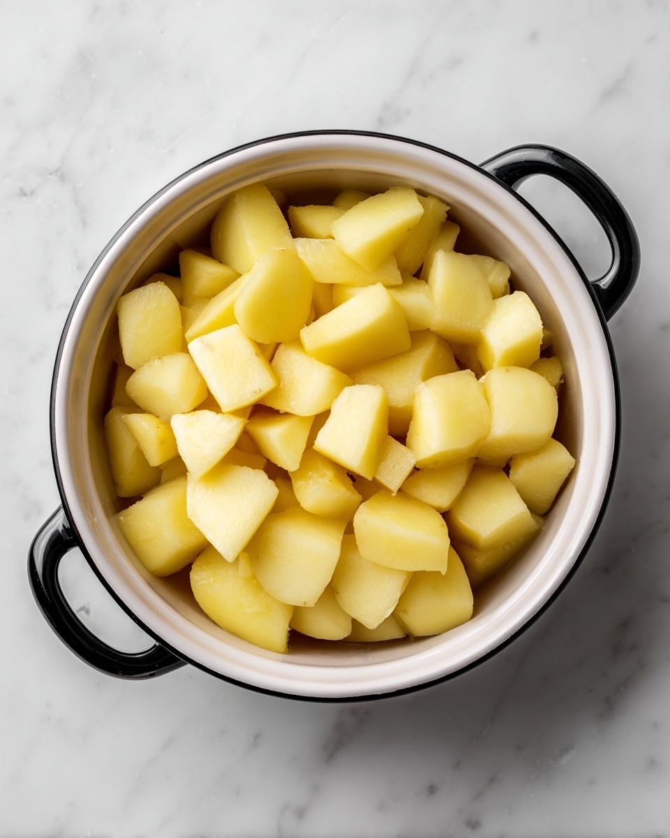 Best Duchess Potatoes Recipe 4 A white bowl with black handles holds about two layers of peeled yellow potatoes, cut into medium-sized chunks. The potatoes have a smooth texture with a slight shine from moisture. The bowl is placed on a white marbled surface. photo taken with an iphone --ar 4:5 --v 7