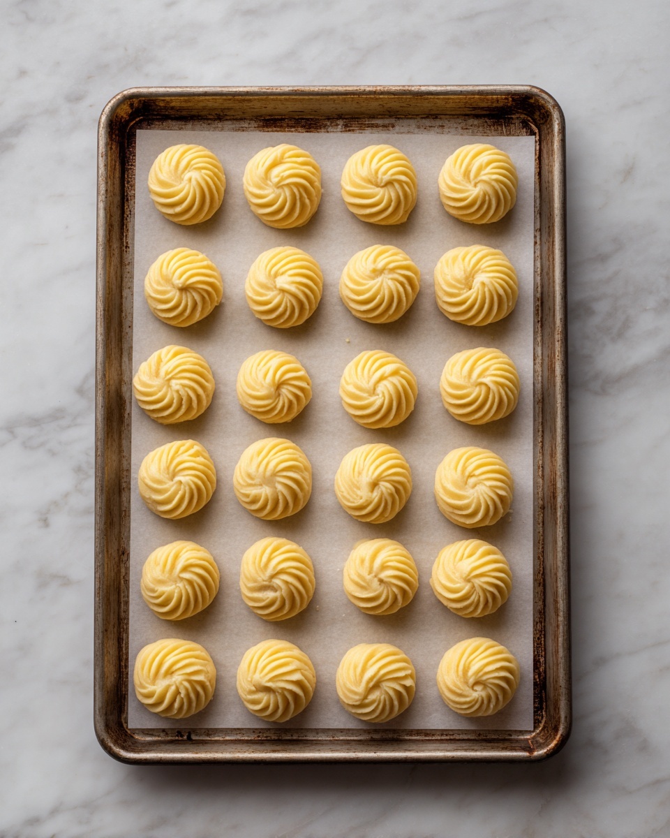Best Duchess Potatoes Recipe 5 The image shows a metal baking tray lined with white parchment paper, placed on a white marbled surface. On the tray, there are twenty small, round swirl-shaped dough pieces arranged in a neat 4 by 5 grid. Each dough piece is a light golden yellow color with smooth, detailed ridges forming a circular swirl pattern on top. The tray edges are slightly tarnished, adding a rustic touch to the scene. photo taken with an iphone --ar 4:5 --v 7