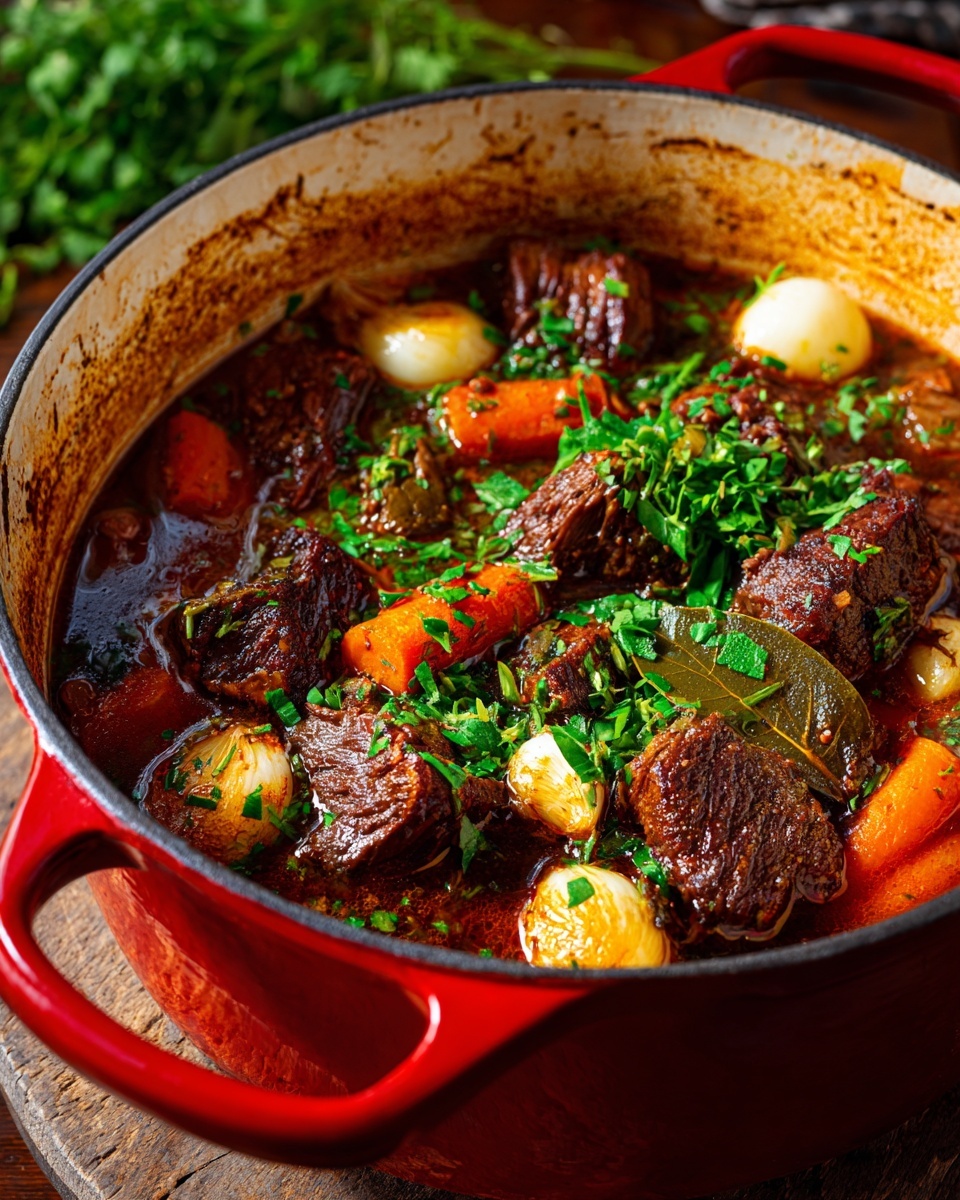 The dish is presented in a white bowl filled with three main layers. The bottom layer is a creamy, pale yellow mashed texture spread evenly. On top of that, there is a rich, dark brown stew of chunks of meat and mixed vegetables including carrots, celery, and mushrooms, all covered in a glossy sauce. In the center, thick slices of dark, tender meat are placed, showing a juicy inside with a charred exterior, garnished with finely chopped green herbs. Some whole garlic cloves and a crispy vegetable chip rest on the side, adding texture contrast. The bowl sits on a white marbled surface with pieces of bread visible in the background. Photo taken with an iphone --ar 4:5 --v 7