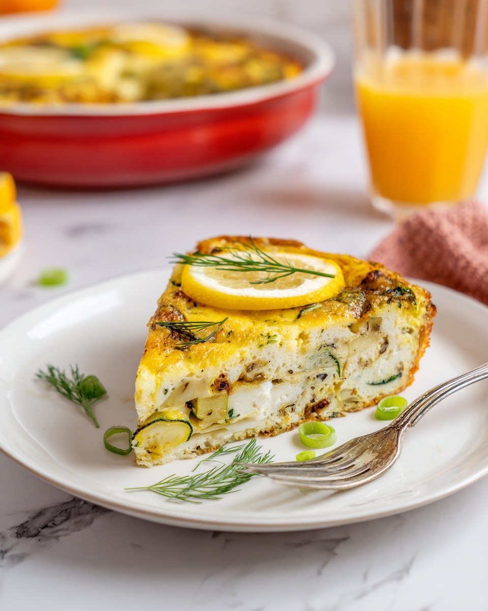 The image shows a square baked dish in a red baking pan with a wavy edge. The top layer is a golden-yellow baked mixture with visible green herbs and white cheese crumbles scattered evenly across the surface. There are also several round slices of zucchini and yellow squash placed on top, adding green and pale yellow colors. The texture looks soft and slightly fluffy. The dish sits on a white marbled surface with a blue and white checkered cloth partially underneath the pan. Photo taken with an iphone --ar 4:5 --v 7