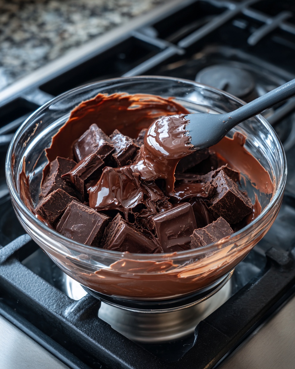Flourless Chocolate Cake with Ganache and Fresh Berries Recipe 4 A close-up of a clear glass bowl filled with melting chocolate. The bowl sits on top of a metal pot with water, showing the double boiler method. Inside the bowl, the chocolate has two main colors and textures: chunks of solid dark brown chocolate pieces and smooth shiny melted chocolate that covers the chunks and the sides of the bowl. A black spatula with melted chocolate on its tip rests inside the bowl on the right side. The background includes parts of a stove with a black metal grate. photo taken with an iphone --ar 4:5 --v 7