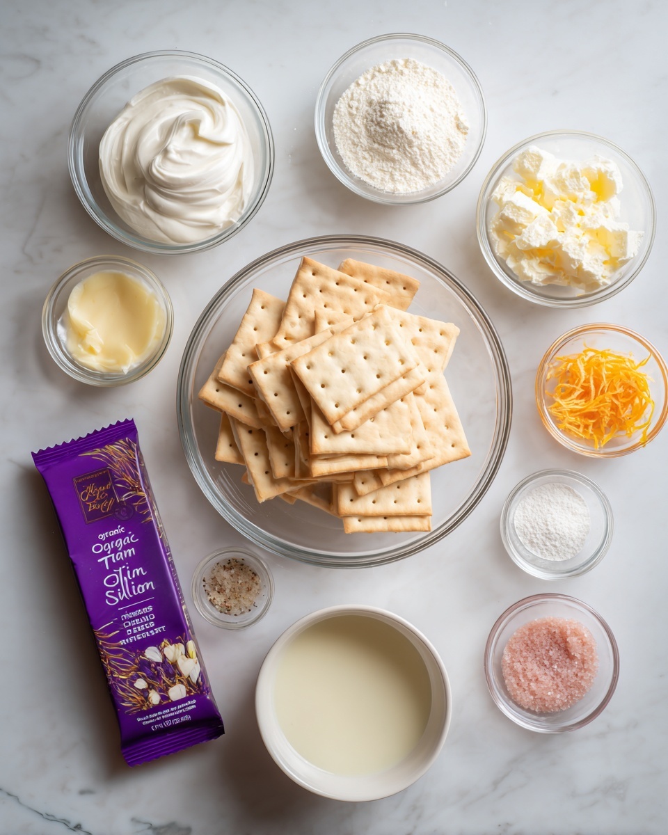 A flat lay image shows several clear glass bowls arranged on a white marbled background. In the middle, there is a large bowl filled with neatly stacked rectangular beige crackers with small holes. Surrounding it are smaller bowls containing different ingredients: a large bowl with white cream, a smaller bowl with white powder, another with white sugar, a bowl with light yellow melted butter, a bowl of off-white liquid, a bowl with some orange zest, and tiny bowls with pink salt, baking powder, and vanilla extract. A rectangular purple packet labeled