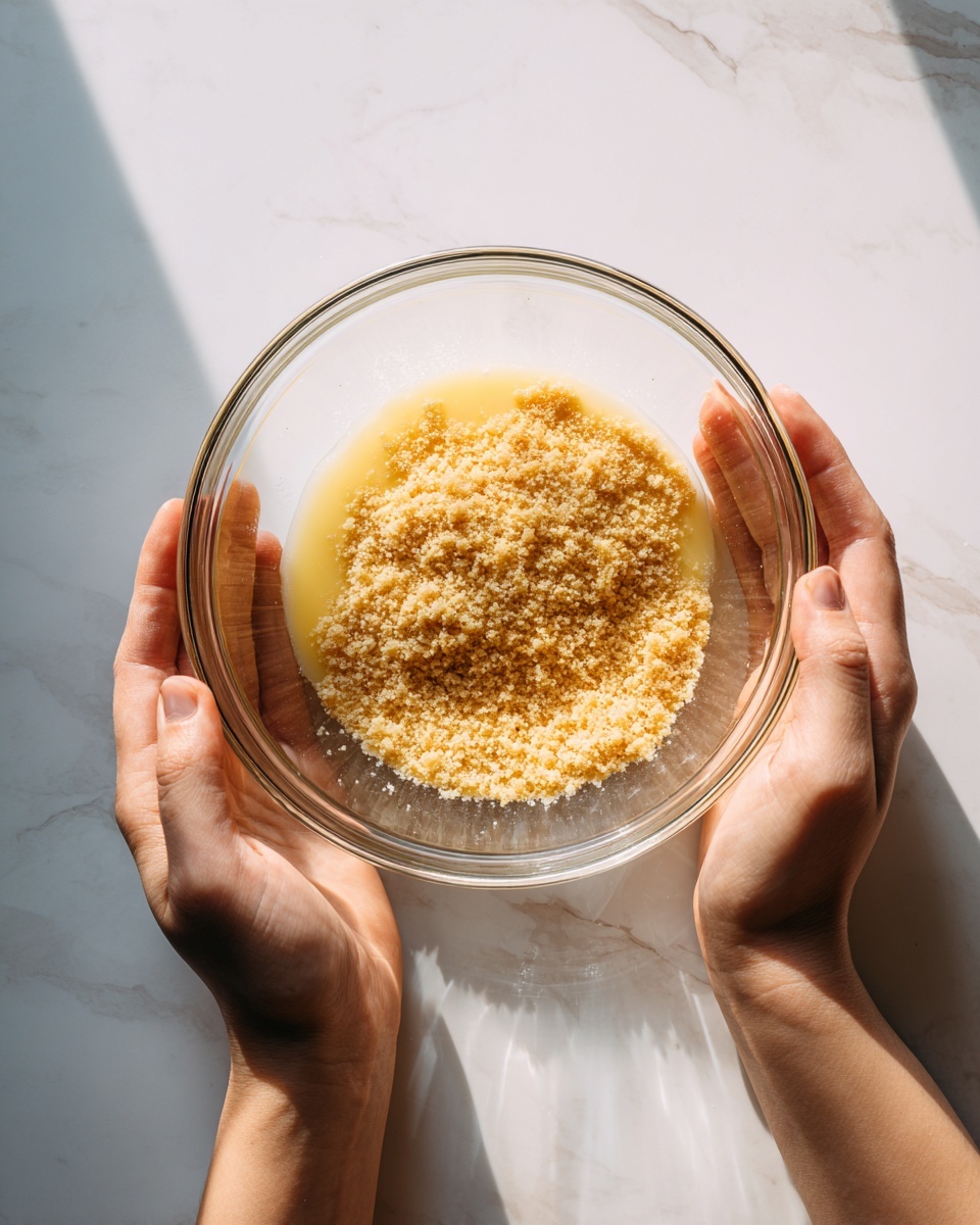 A clear glass bowl sits on a white marbled surface, holding two layers inside: one layer of melted light yellow butter at the bottom, and a top layer of fine, crumbly, golden-brown crumbs covering about half of the butter. Above the bowl, a woman's two hands hold an empty clear glass bowl upside down, slightly blurred as if in motion. The scene is well lit with natural light, creating soft highlights and shadows. photo taken with an iphone --ar 4:5 --v 7