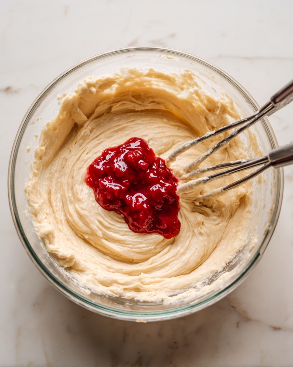 A clear glass mixing bowl sits on a white marbled surface, filled with a thick, creamy light beige batter with smooth, ridged texture from mixing. On top of the batter, there is a dollop of bright red jam, slightly chunky and glossy, ready to be mixed in. Two metal beaters from an electric mixer rest partially in the batter, coated with the creamy mixture. A woman's hand holds the edge of the bowl, steadying it for mixing. Photo taken with an iphone --ar 4:5 --v 7