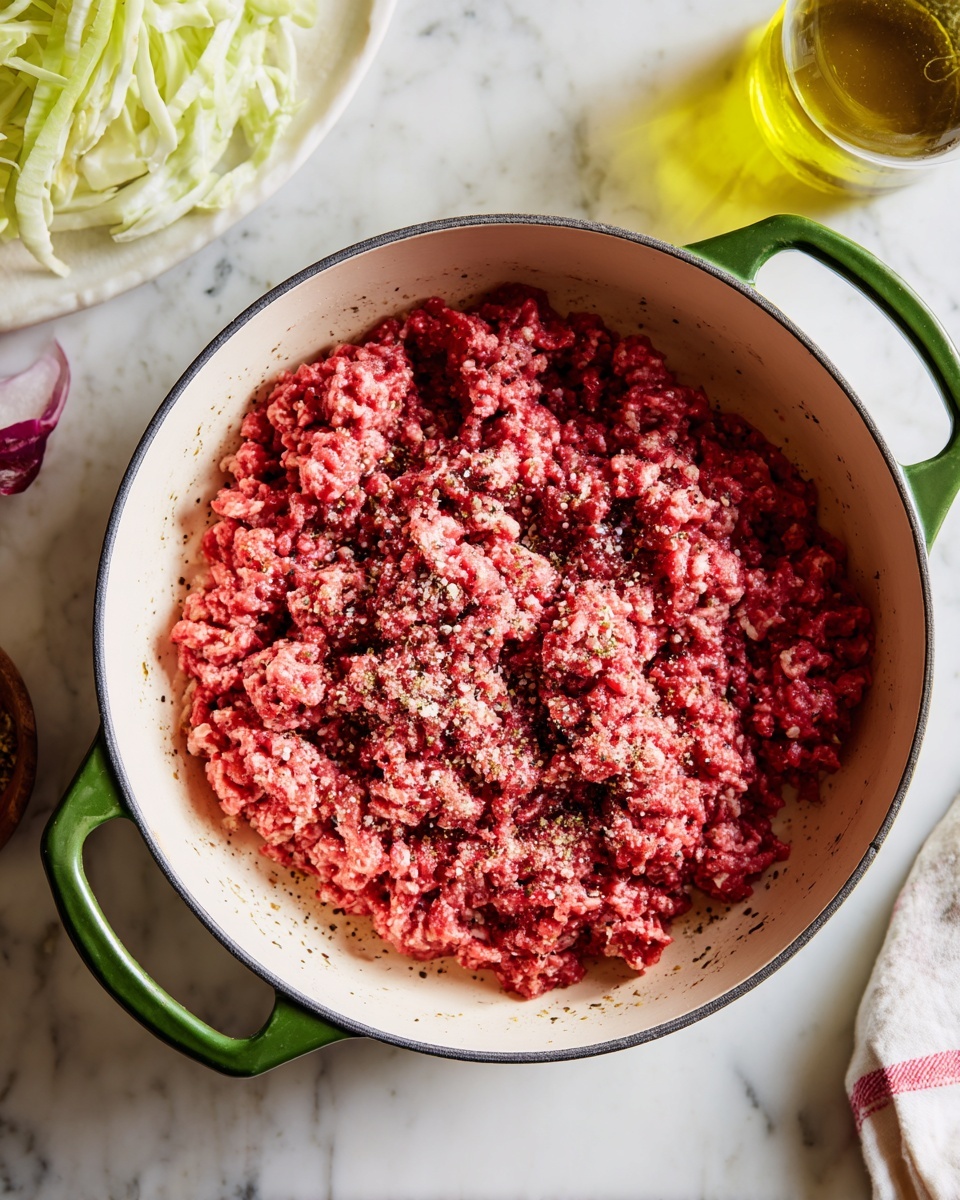 A white pan with dark green handles holds a layer of raw ground meat spread unevenly across the bottom. The meat is red with specks of black pepper and salt sprinkled on top. The scene is set on a white marbled surface, with parts of white shredded cabbage and red sauce partially visible at the top edges of the image. A bottle of olive oil is to the right, adding a splash of yellow-green color. photo taken with an iphone --ar 4:5 --v 7