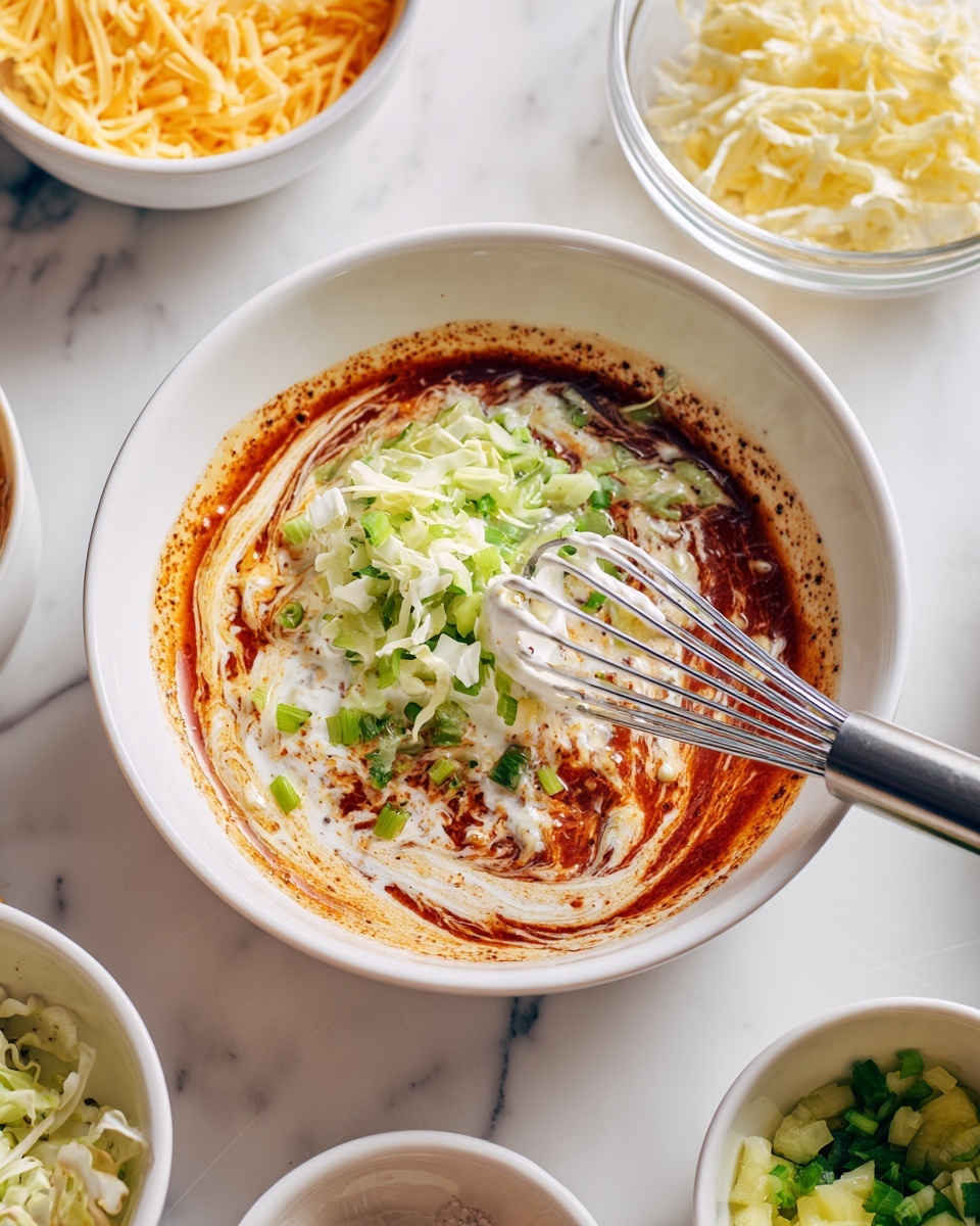 A white bowl on a white marbled surface contains a mix of ingredients being stirred with a metal whisk. The ingredients form layers: a reddish sauce on the bottom, a creamy white sauce swirled on top, and small green chopped pieces scattered throughout the mixture. Around the bowl, there are other white bowls and containers holding shredded yellow cheese, chopped white onion, shredded cabbage, and pickle slices. The photo is bright and clear, showing different textures in the mixture and the crispness of the vegetables. Photo taken with an iphone --ar 4:5 --v 7