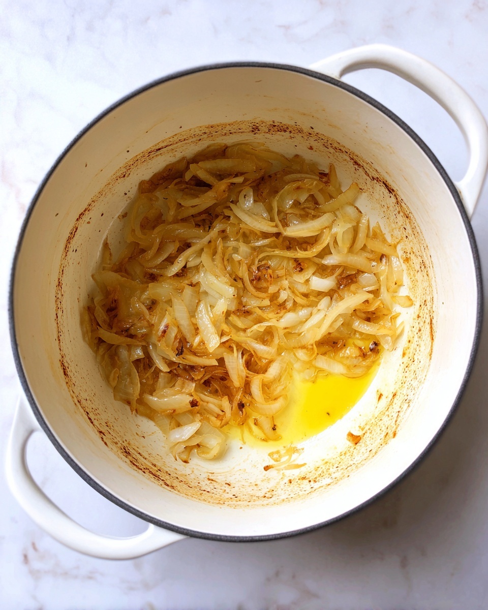 A white pot filled with a single layer of cooked onions showing a mix of golden brown and translucent colors with some caramelized edges, sitting in a small pool of yellow oil at the bottom right. The inside of the pot is stained with light brown onion residue, and the pot is set on a white marbled surface. photo taken with an iphone --ar 4:5 --v 7