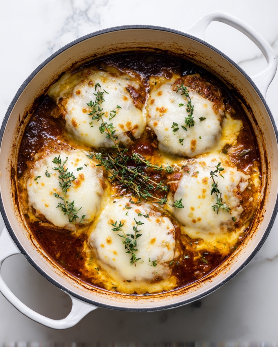 The image shows a white Dutch oven filled with four pieces of cooked food covered with melted white cheese, slightly browned on top. The cheese layers are smooth, bubbly, and creamy, each topped with a small sprig of fresh thyme for garnish. Underneath the cheese, there is a dark brown sauce with rich, thick texture that clings to the sides of the pot, showing cooked bits and caramelized edges. The pot sits on a white marbled surface, adding a clean and bright contrast to the warm, rustic dish inside. Photo taken with an iphone --ar 4:5 --v 7
