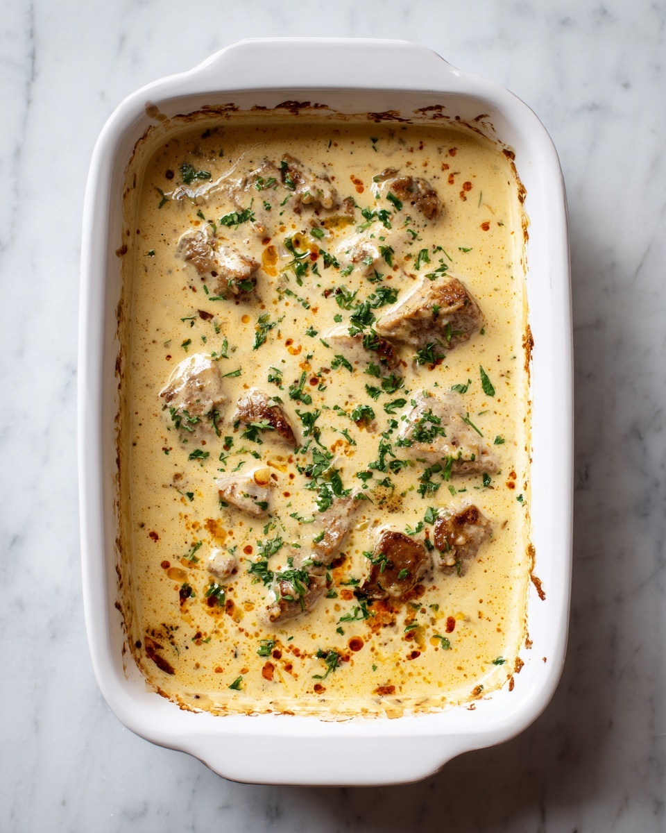 The image shows a white rectangular baking dish filled with creamy pasta. The pasta is spiral-shaped and mixed evenly with a thick, light yellow sauce. There are dark green crispy leaves scattered on top along with small red flakes that add color contrast. The sauce coats each pasta piece, giving the dish a smooth texture with bits of cooked mushrooms mixed in. The dish rests on a white marbled surface. photo taken with an iphone --ar 4:5 --v 7
