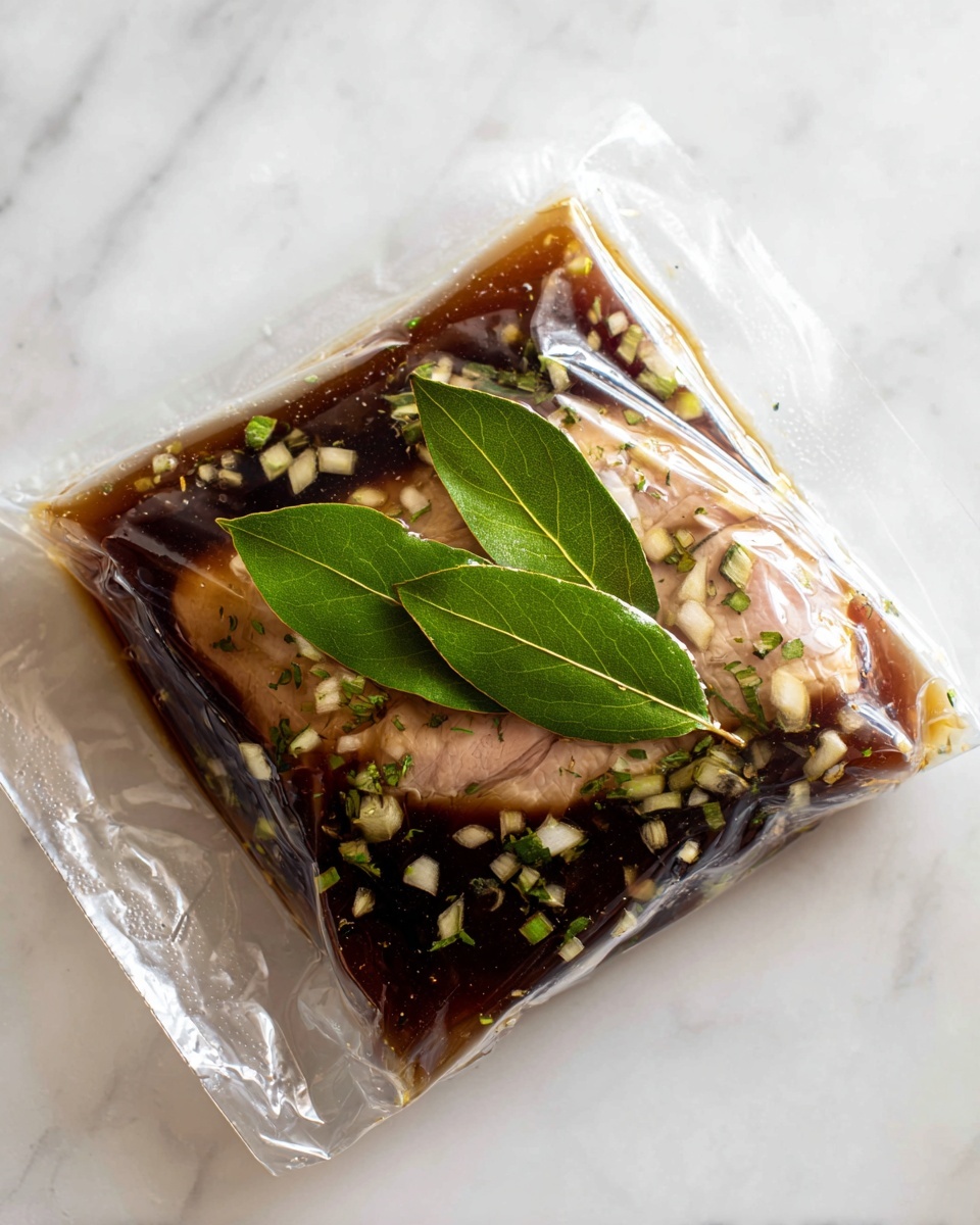 A clear plastic sealed bag lies flat on a white marbled surface, filled with a dark brown liquid marinade that has small chopped onions scattered throughout. Inside the marinade, a pale piece of meat is visible, topped with two whole green bay leaves. The layers include the transparent plastic bag as the outer layer, the dark marinade with floating onions as the middle layer, and the light-colored meat with bay leaves as the inner layer. Photo taken with an iphone --ar 4:5 --v 7