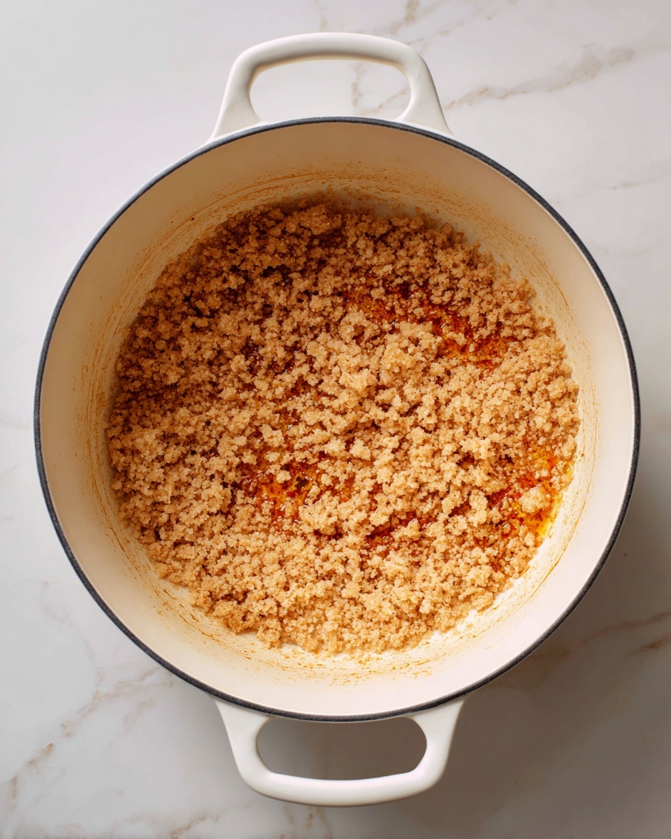Inside a large white pot, there are three visible layers of ingredients. On the left side, the first layer shows cooked dark brown mushroom slices with a slightly shiny texture. Above the mushrooms and mostly on the right side, there is a layer of fresh, bright green spinach leaves with smooth surfaces and visible veins. Covering most of the pot is a layer of small, light beige crumbled cooked tofu that has a soft, crumbly texture. The pot sits on a white marbled surface. photo taken with an iphone --ar 4:5 --v 7