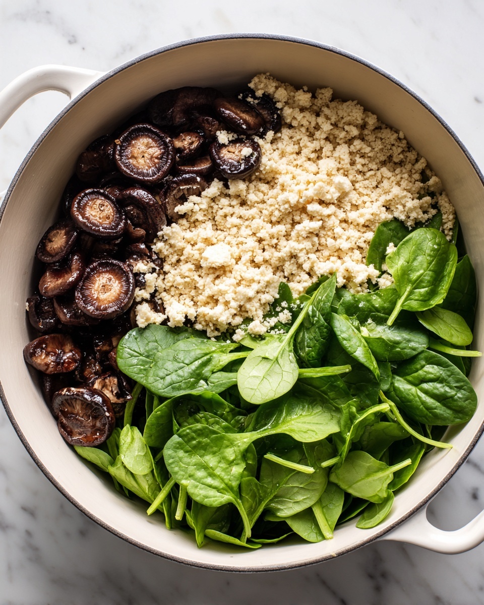 A white pot filled with three layers of food sits on a white marbled surface. The bottom layer is golden yellow noodles coated lightly with reddish sauce strands tangled together. On top, there are dark brown mushroom slices and fresh green spinach leaves scattered all over, giving a mix of smooth and leafy textures. The topmost layer is sprinkled with roughly chopped light brown peanuts, pale sesame seeds, and bright green cilantro leaves evenly spread. Near the edge of the pot, there are two halves of a lime showing bright green flesh and shiny texture. The pot has white handles visible on the bottom right and top left sides. photo taken with an iphone --ar 4:5 --v 7