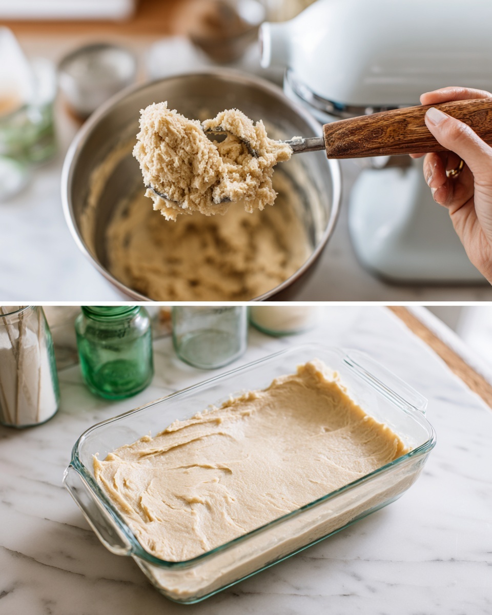 The left side of the image shows a close-up of a woman's hand holding a mixer paddle covered with thick, beige cookie dough that looks soft and slightly lumpy, with the metal bowl of the mixer visible below and a wooden spoon resting inside. The right side shows a clear rectangular glass dish placed on a white marbled surface, filled with an even layer of smooth, pale dough pressed down flat and shaped neatly to the edges. In the background, there are blurred green jars and a white container. Photo taken with an iphone --ar 4:5 --v 7
