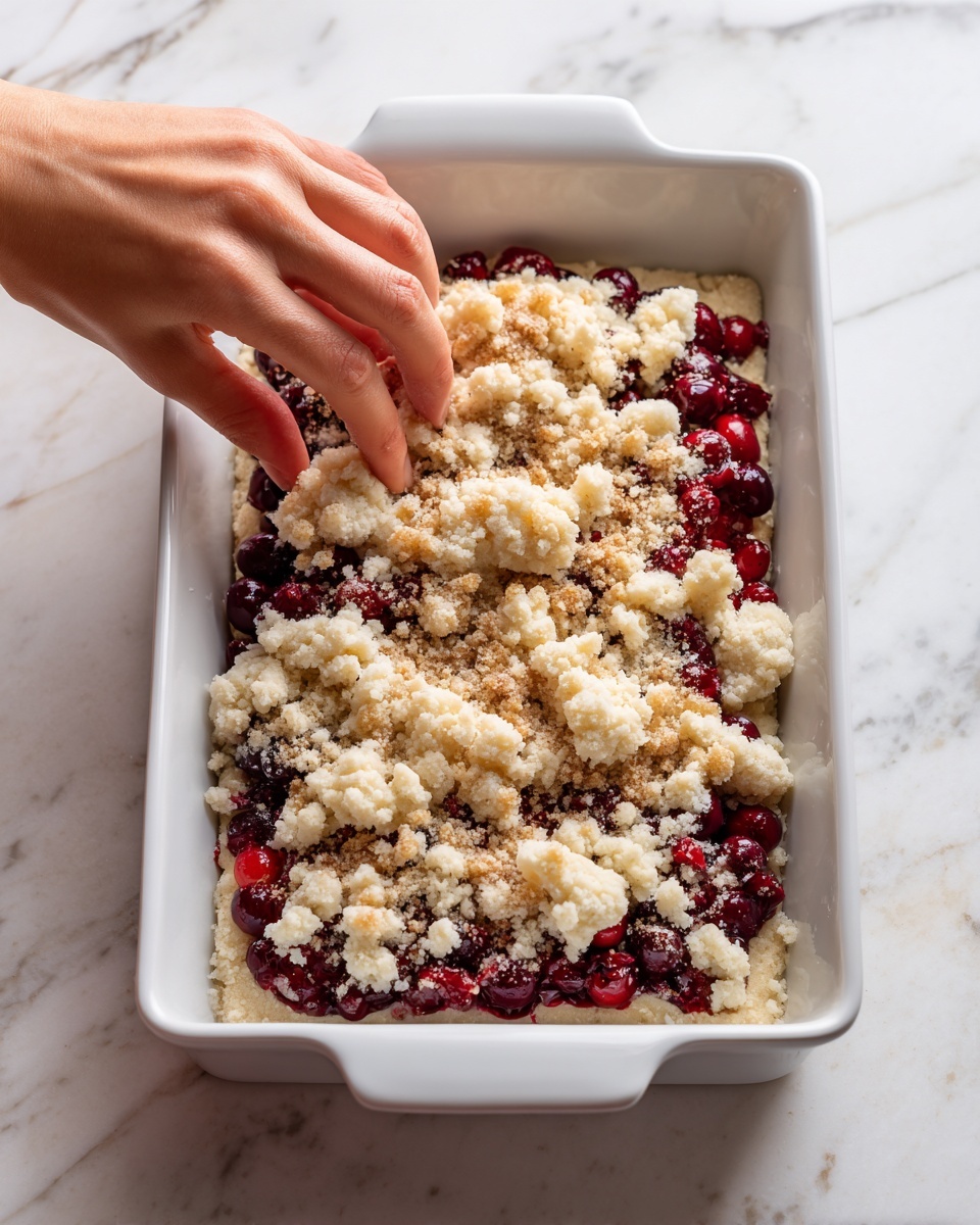 The image shows a rectangular white dish with two layers. The bottom layer is a thick light brown crust lining the dish. The middle layer is made of whole fresh cranberries evenly spread on top of the crust. Above the cranberries, uneven pieces of crumbly, pale tan dough are being placed, forming a rough top layer with gaps where the cranberries peek through. A woman's hand is gently putting some pieces of the crumbly dough on top. The dish is set on a white marbled surface. Photo taken with an iphone --ar 4:5 --v 7
