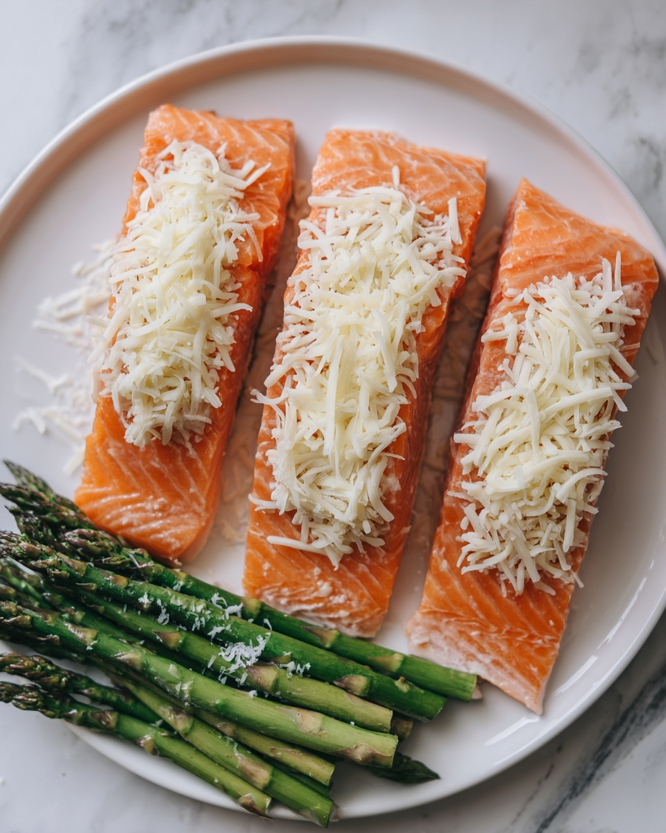 The image shows three long, bright orange pieces of salmon fillets laid side by side on a white plate with a white marbled surface underneath. Each salmon piece is topped with a generous layer of white grated cheese that has a soft, shredded texture. At the bottom left corner of the plate, there is a small bunch of fresh green asparagus stalks, also sprinkled with some white grated cheese. The whole dish looks fresh and ready to cook. Photo taken with an iphone --ar 4:5 --v 7
