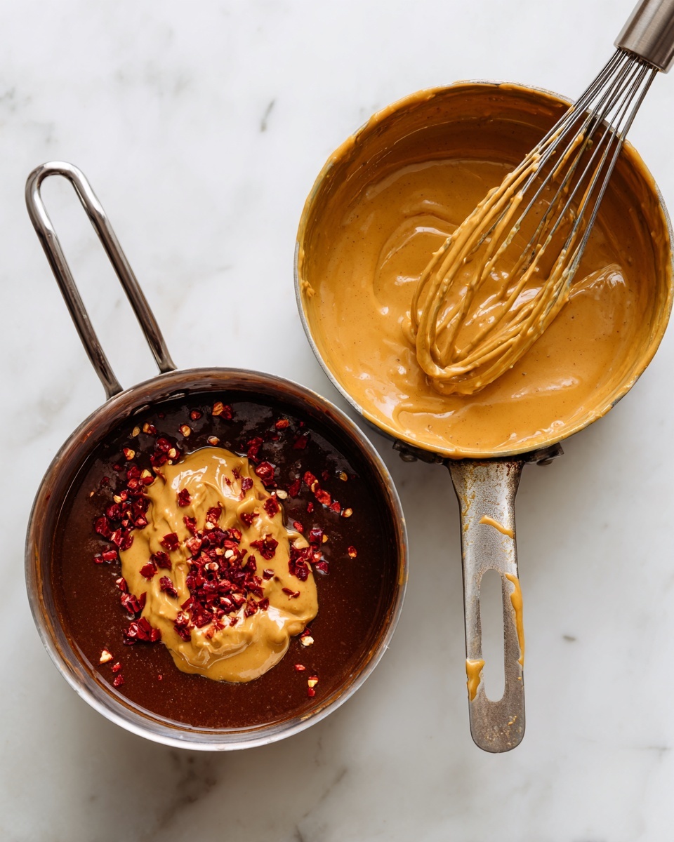 A black baking tray holds a pack of brown Pad Thai rice noodles on the left side. To the right are small white bowls arranged around a metal measuring cup filled with a light brown sauce. The bowls contain finely minced light yellow garlic, a bright yellow liquid, a clear liquid in a glass, a white creamy liquid, a dark brown liquid, a light brown liquid, and a rich red sauce. The tray and bowls are on a white marbled surface. photo taken with an iphone --ar 4:5 --v 7
