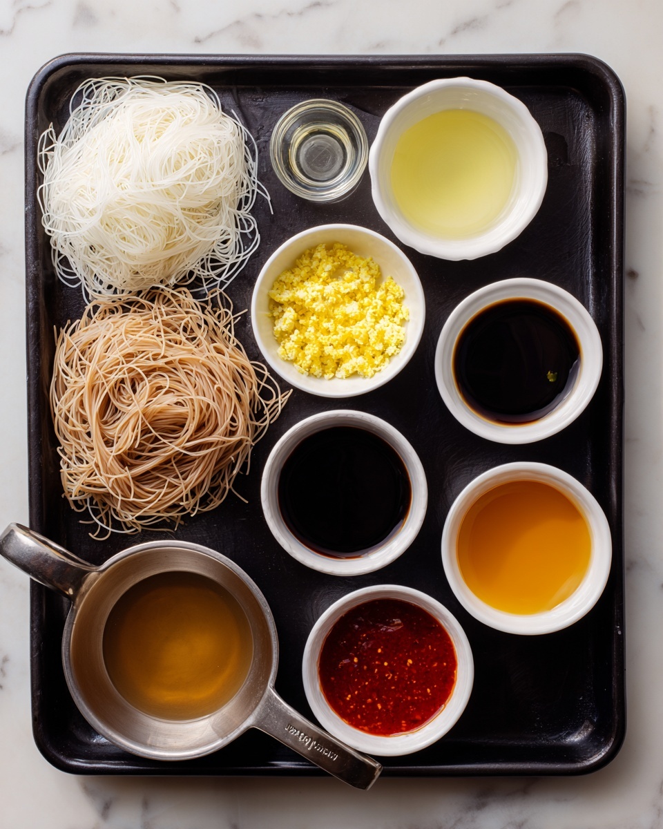 The image shows two saucepans on a white marbled surface. The left saucepan holds dark brown sauce topped with a large dollop of light brown, creamy peanut butter and scattered red chili flakes. The right saucepan contains a smooth, golden brown sauce being stirred with a metal whisk. Both show rich textures and contrasting colors that highlight creamy and spicy elements. photo taken with an iphone --ar 4:5 --v 7