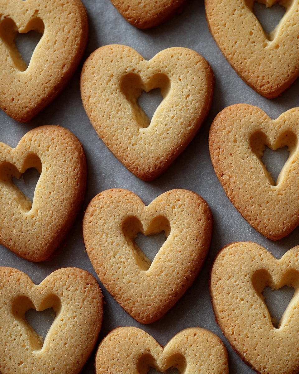 The image shows rows of heart-shaped cookies with a hollow center, all baked to a golden brown color. The cookies have a soft, smooth surface with small cracks and a slightly raised texture, arranged closely on a non-descript grey baking tray. The soft warm tones of the cookies fill the frame in a neat, repeating pattern. photo taken with an iphone --ar 4:5 --v 7