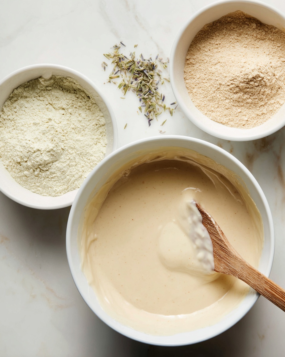 A white bowl filled with separate layers of ingredients including a creamy white layer on the left, a light tan powdery layer on top right, a beige liquid layer at bottom right, and some small green bits sprinkled near the center, all sitting on a white marbled surface; next to it is the same white bowl with a smooth, light beige mixture with a wooden spatula dipped in it, the texture looks thick and creamy; photo taken with an iphone --ar 4:5 --v 7