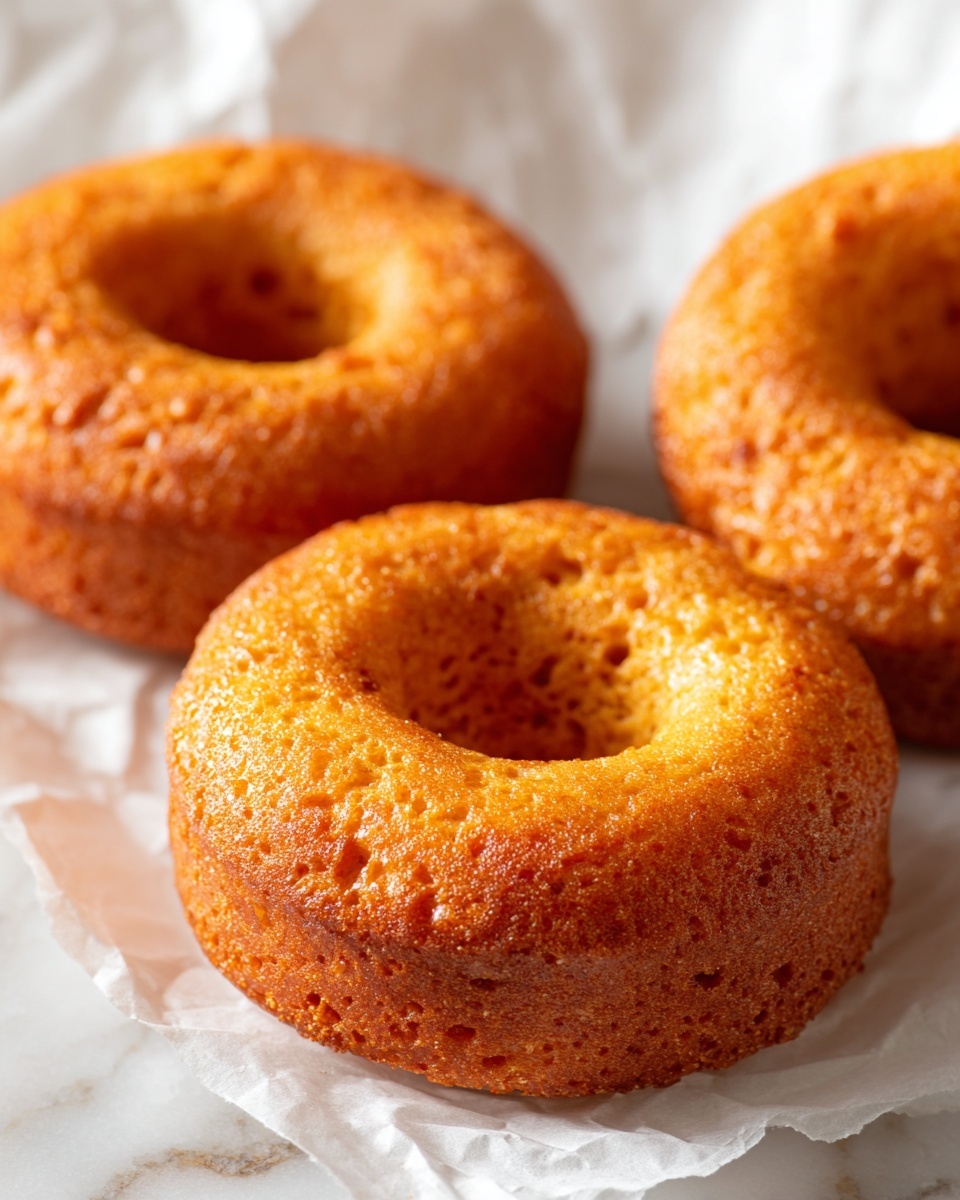 The image shows three golden brown donuts with a slightly rough texture on their surface, resting on white parchment paper placed on a white marbled surface. The donuts have a uniform round shape with a hole in the center, and the edges look soft but firm. The close-up view highlights the porous and airy texture of the donuts' exterior. There is no visible glaze or topping on the donuts, giving them a simple and homemade look. The lighting is natural, making the donuts appear warm and fresh. Photo taken with an iphone --ar 4:5 --v 7