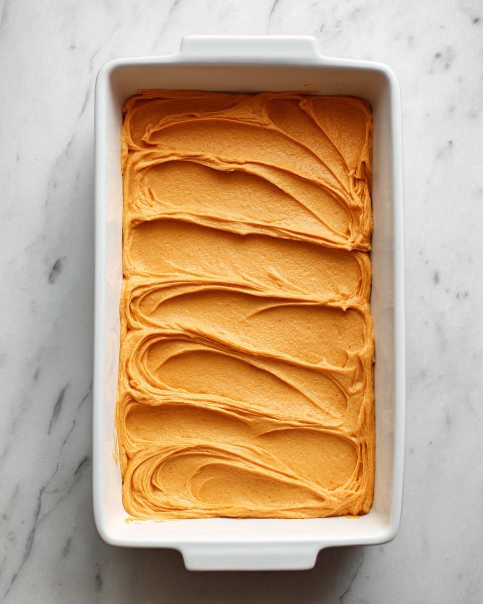 The image shows a rectangular white baking pan filled with a smooth, thick layer of light orange batter evenly spread across the entire surface. The batter has soft, wavy lines running horizontally, creating a textured pattern. The pan sits on a white marbled surface with no other items around it. photo taken with an iphone --ar 4:5 --v 7