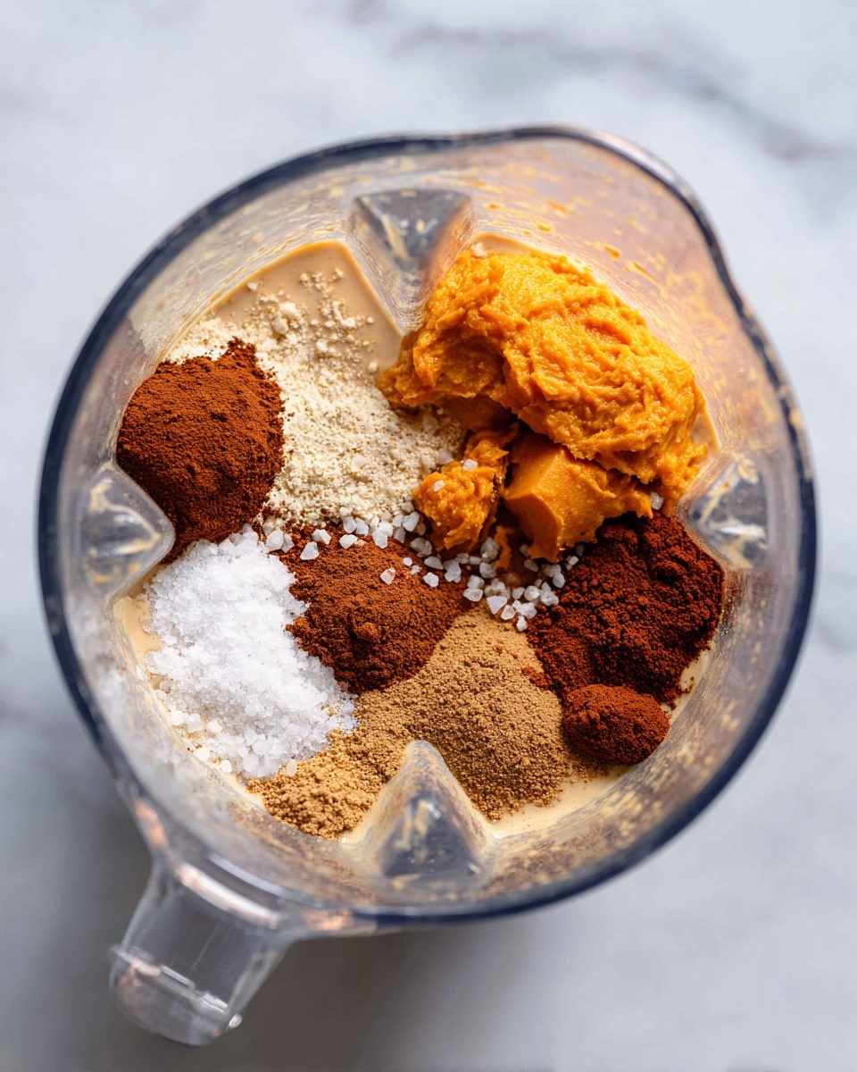 Inside a clear blender jar, there are seven layers of ingredients: a light beige liquid base covering the bottom, topped with a soft orange pumpkin puree chunk on the right side, surrounded by several mounds of dry powders. There is a dark brown cinnamon-like powder in a thick pile near the center and lower right, a lighter brown spice powder to the lower left, a smaller mound of white powder on the left side, and some salt grains sprinkled among the powders. The jar is placed on a white marbled surface. photo taken with an iphone --ar 4:5 --v 7