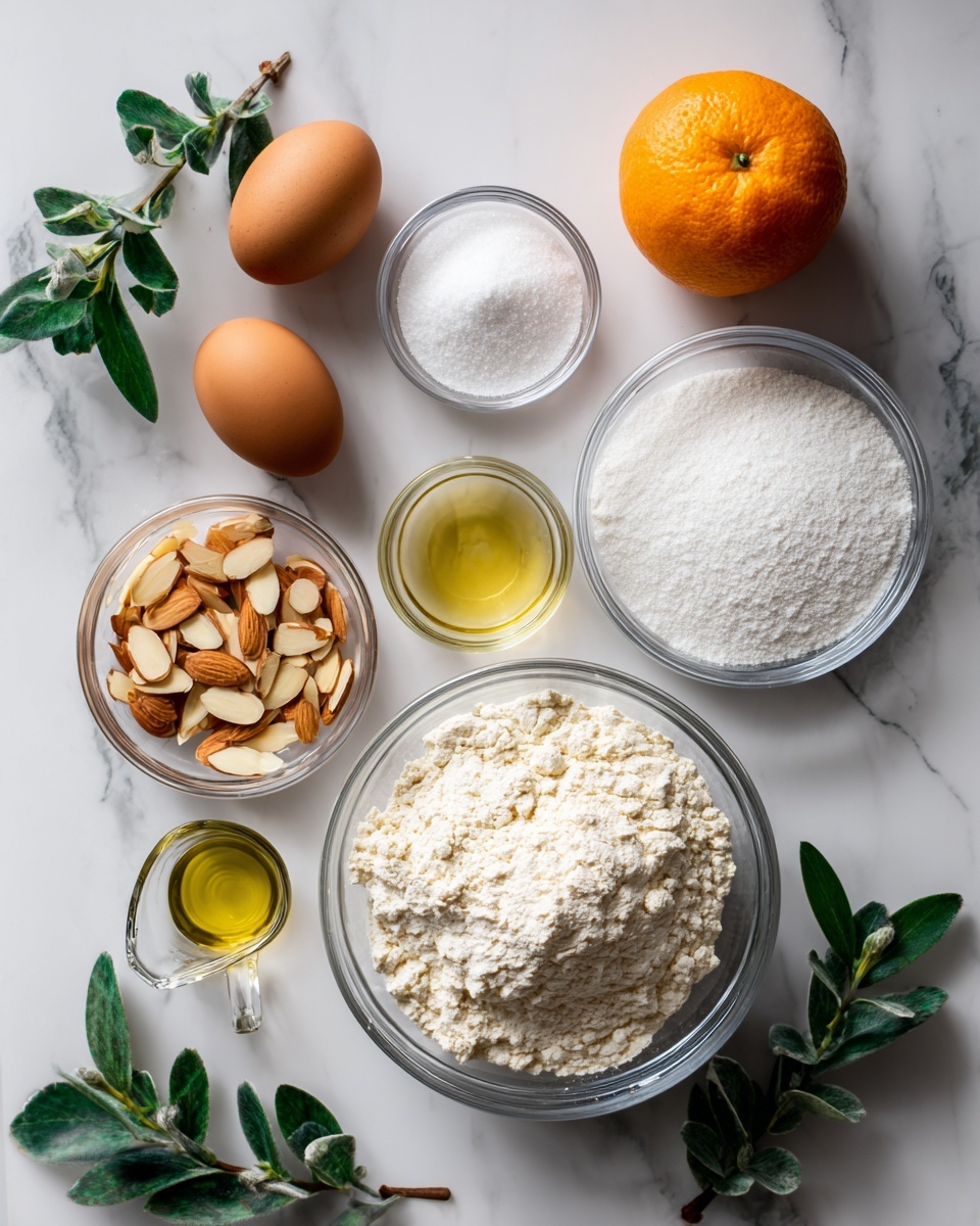The image shows a flat lay of baking ingredients arranged neatly on a white marbled surface. There are three brown eggs placed near the top left corner, while a whole orange sits at the upper right. In the middle left, a small clear bowl holds sliced almonds, below which a smaller bowl contains white baking powder. To the right of these, a large clear bowl is filled with white granulated sugar. Below the sugar and almonds, a big clear bowl is filled with white flour. A small clear bowl filled with a clear liquid, likely vanilla extract, sits near the center. To the lower right, a small clear measuring cup holds a yellow liquid, probably oil. Green leafy sprigs decorate the corners, adding a touch of color to the setup. Photo taken with an iphone --ar 4:5 --v 7