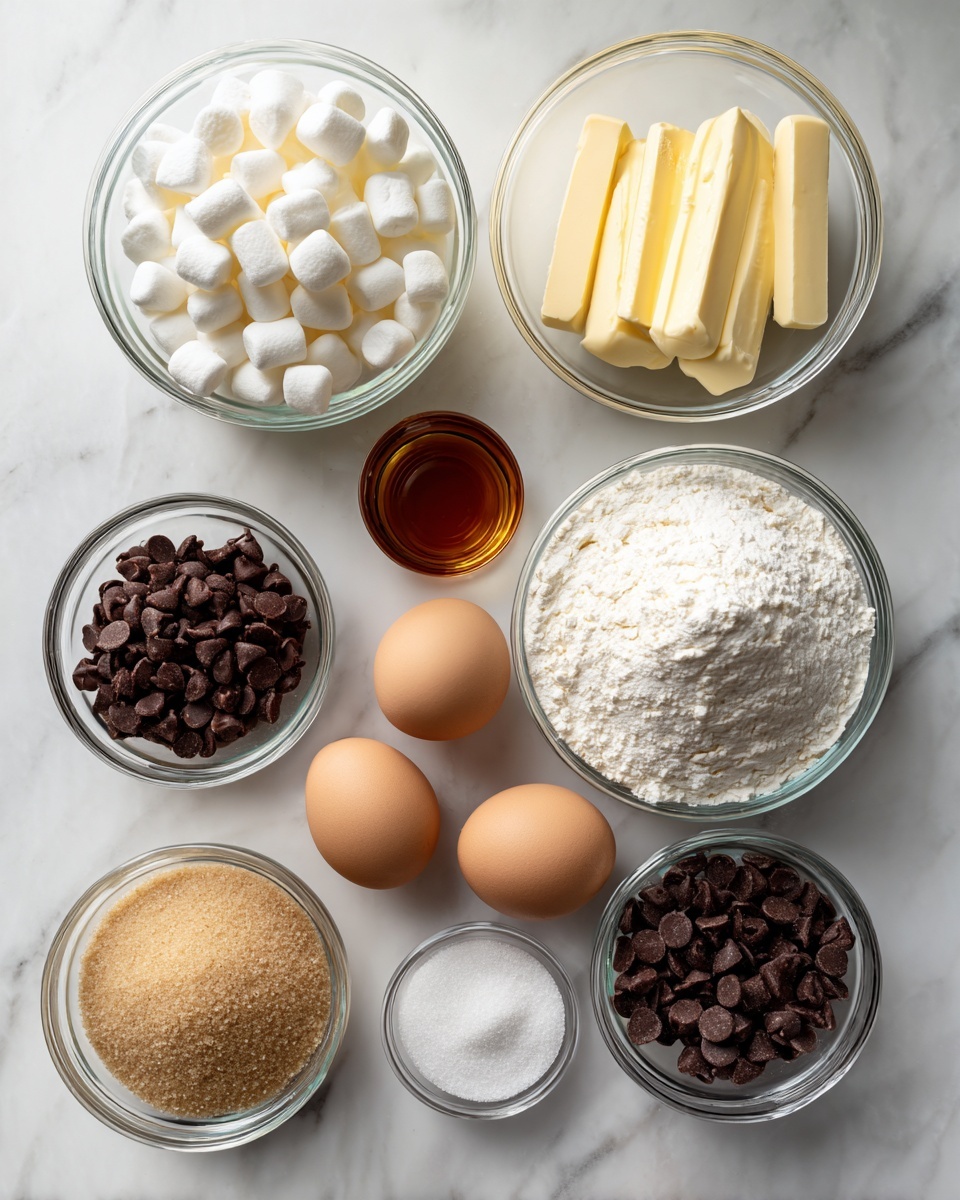 The image shows eight clear glass bowls and two brown eggs arranged neatly on a white marbled surface. Starting from top right, one bowl has three sticks of pale yellow butter. Below that, a large bowl holds a mound of white powdered sugar. To the left, another bowl is full of small white marshmallows. Near the center, a small bowl contains a dark amber liquid, likely vanilla extract. Two light brown eggs lie side by side below the marshmallows and amber liquid. Below the eggs, a bowl is filled with light brown sugar. To the right of the brown sugar, two bowls contain dark brown and almost black chocolate chips of different sizes. Finally, a small bowl full of white granulated sugar is placed on the bottom left. The bowls and eggs are evenly spaced with soft natural light shining from above, creating soft shadows. Photo taken with an iphone --ar 4:5 --v 7