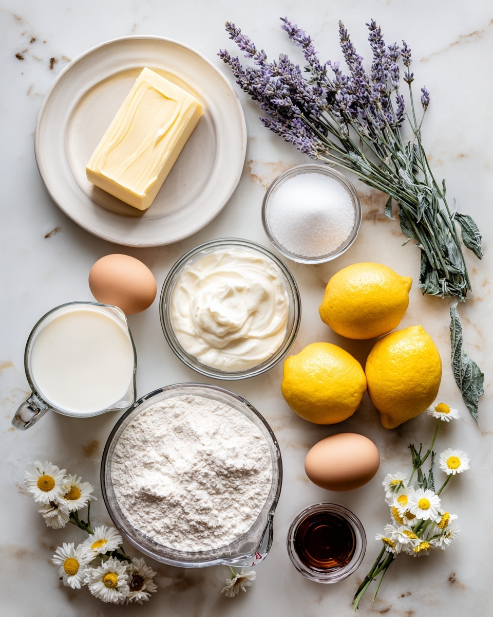The image shows baking ingredients arranged neatly on a white marbled surface. At the center left, a white plate holds a stick of pale yellow butter, a small glass bowl of white sugar, and two sprigs of lavender. Near it, two brown eggs sit side by side. To the center right, two bright yellow lemons are placed next to a small glass bowl of thick white cream and a small glass container with dark brown vanilla extract. Toward the bottom left is a clear bowl full of white flour, and nearby is a glass measuring jug with a small amount of white milk inside. Small white and yellow flowers are scattered along the edges of the scene. Photo taken with an iphone --ar 4:5 --v 7