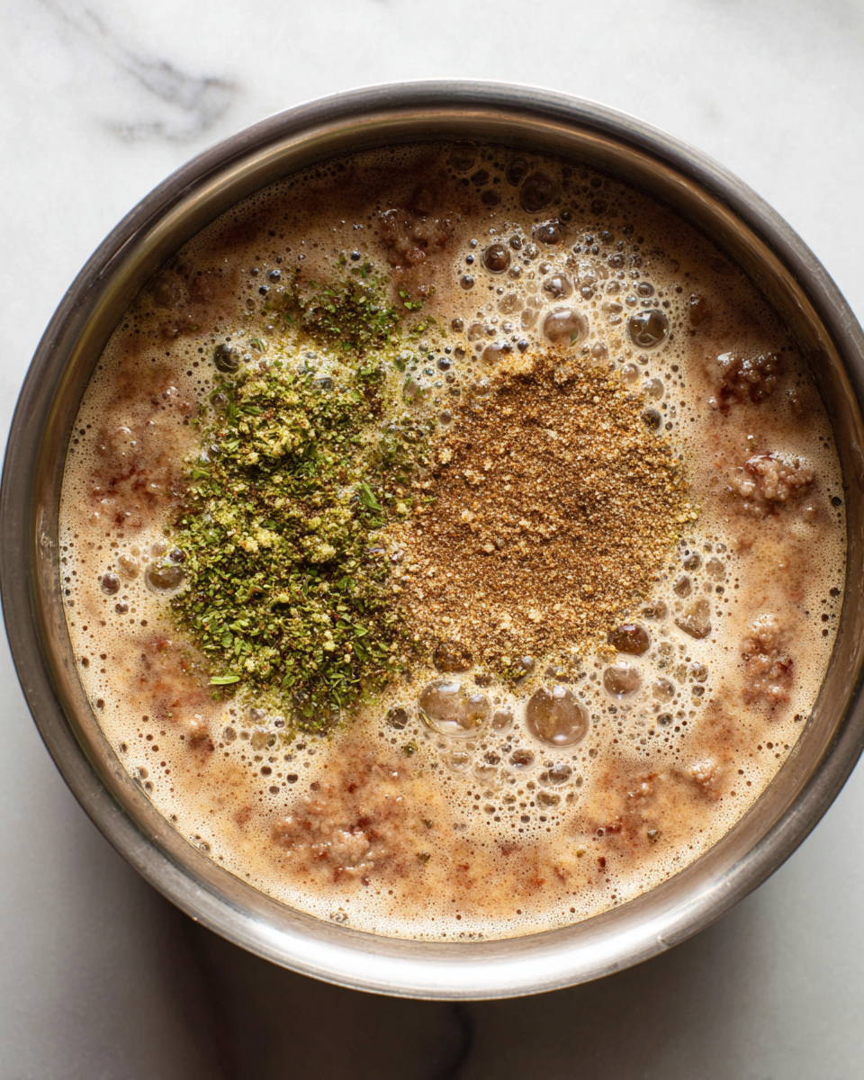 The image shows an inside view of a silver pot filled with a layered pasta dish. The bottom layer is a mix of ground meat and sauce with visible pieces of diced red tomatoes and herbs, topped by scattered uncooked yellow pasta noodles arranged evenly across the surface. The background around the pot is a white marbled texture. photo taken with an iphone --ar 4:5 --v 7