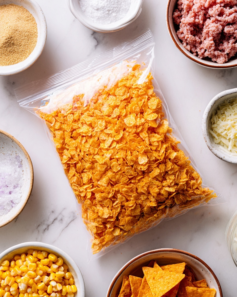 A clear plastic zipper bag lies flat on a white marbled surface, filled about halfway with crushed orange cornflakes, showing their uneven crushed texture through the plastic. Around the bag are several white bowls and plates: to the top left, a small bowl holds a light brown powder, next to it is a small white dish with finely minced white garlic. To the top right, a white bowl with rustic brown edges contains raw ground pink meat. At the bottom left corner, a white bowl is filled with bright yellow corn kernels, and at the bottom right, another white bowl holds wedge-shaped orange corn chips. The whole setup is bright and clean, with the focus on the clear bag of crushed cornflakes. photo taken with an iphone --ar 4:5 --v 7