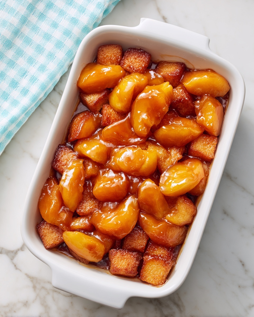 A white rectangular dish holds a layered dessert in progress. The bottom layer consists of light golden brown chunky pieces mixed with soft, warm-looking apple slices coated in a shiny syrup. A smooth, creamy beige liquid with tiny specks is being poured over the top from a clear measuring cup, slowly covering the layered fruit and chunks. The dish rests on a white marbled surface, and a blue and white checkered cloth is visible in the background. photo taken with an iphone --ar 4:5 --v 7