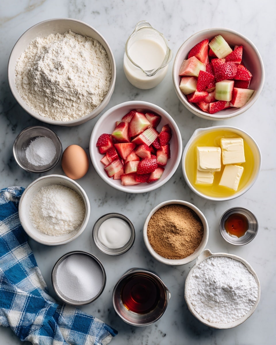 The image shows an overhead view of various baking ingredients neatly arranged on a white marbled surface. There are eleven white bowls and small metal cups, each holding different items: a large bowl of flour, a medium bowl of sliced red and green rhubarb pieces, a bowl with melted yellow butter, another bowl with brown sugar, and a bowl of white sugar. There is a small bowl with two blocks of butter, a single white egg, and a clear glass measuring cup filled with white milk. Three small metal bowls contain white baking powder, baking soda, and salt, while another metal cup holds a dark brown liquid, likely vanilla extract. A blue and white checkered cloth is partially visible in the bottom left corner. The items are spaced evenly, showing a clean, organized setup for baking. Photo taken with an iphone --ar 4:5 --v 7