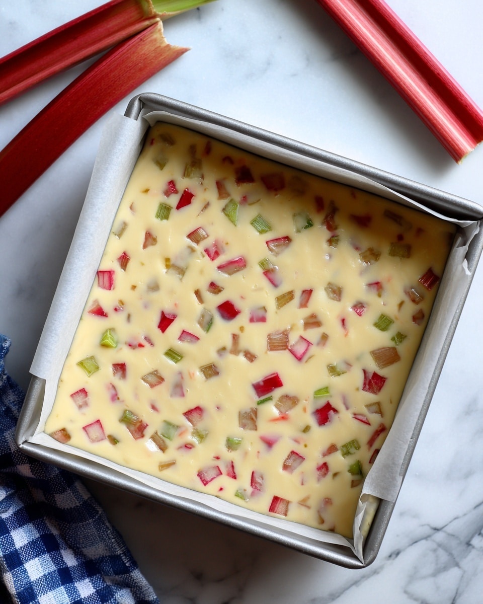 The image shows a square metal baking pan lined with white parchment paper, filled with an unbaked batter mixed with chopped red and green fruit pieces evenly spread throughout. The batter is smooth and pale creamy yellow, with the fruit pieces creating irregular red and green spots in it. The pan sits on a white marbled surface with two red rhubarb stalks on the top left and a blue and white checkered cloth partially visible at the bottom left corner. photo taken with an iphone --ar 4:5 --v 7